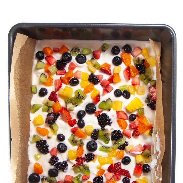 Rainbow yogurt bark in a baking dish.
