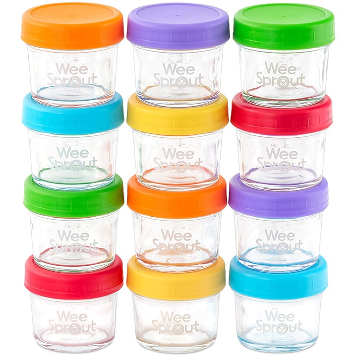 Set of 12 glass jars for storing baby food.