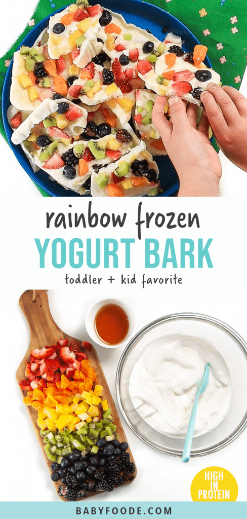 Graphic for post - rainbow frozen yogurt bark - toddler and kid favorite - high in protein. Image is of kids hand reaching into a pile of frozen yogurt bark and the ingredients spread out of the yogurt bark.