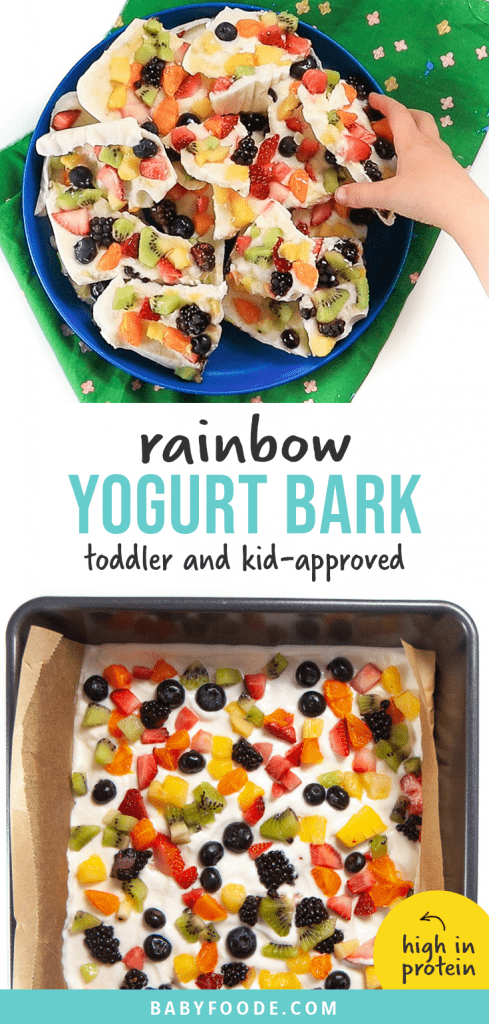 Graphic for post - rainbow frozen yogurt bark - toddler and kid favorite - high in protein. Image is of kids hand reaching into a pile of frozen yogurt bark and a tray full of the yogurt bark.
