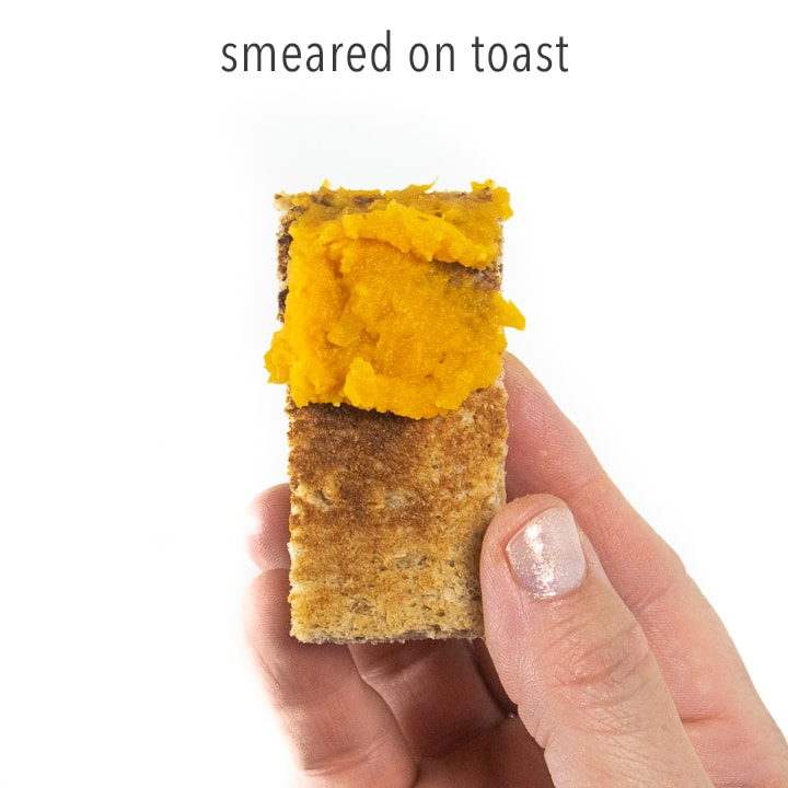 sweet potato puree smeared on a piece of toast
