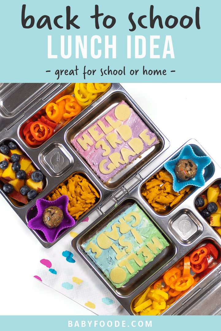 Graphic for post - back to school lunch idea - great for school or home. With an image of 2 lunches boxes filled with healthy foods for kids.