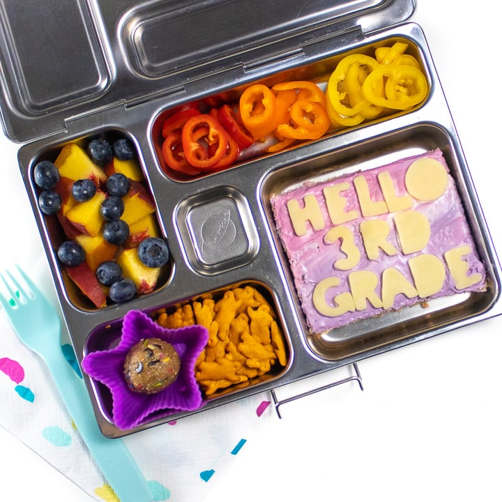 A back to school lunch that is full of healthy and colorful foods.