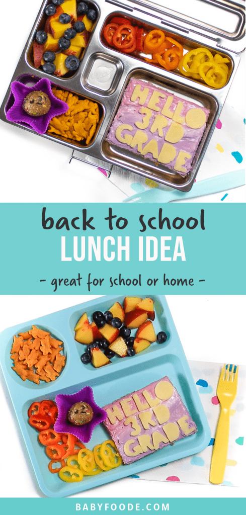 Graphic for post - back to school lunch idea - great for school or home. With an images of a school lunch box and a teal plate filled with a fun lunch for kids.