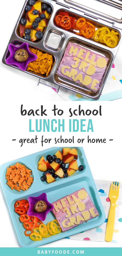 Graphic for post - back to school lunch idea - great for school or home. With an images of a school lunch box and a teal plate filled with a fun lunch for kids.