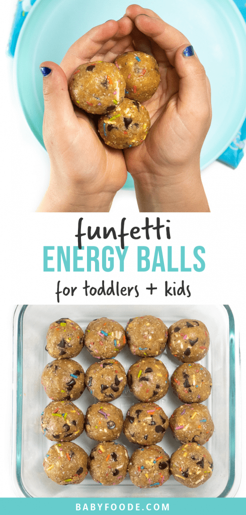 Graphic for post - funfetti energy balls - great snack for toddlers and kids with a kids hand holding a bowl of energy balls as well as an image of a bowl of prepped energy balls.