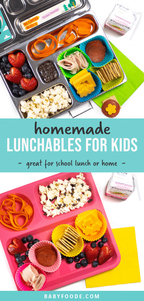 Graphic for post - homemade lunchables for kids - great for school lunch or home. Image is of this kid lunch in a bento box as well as a plate for lunch at home.