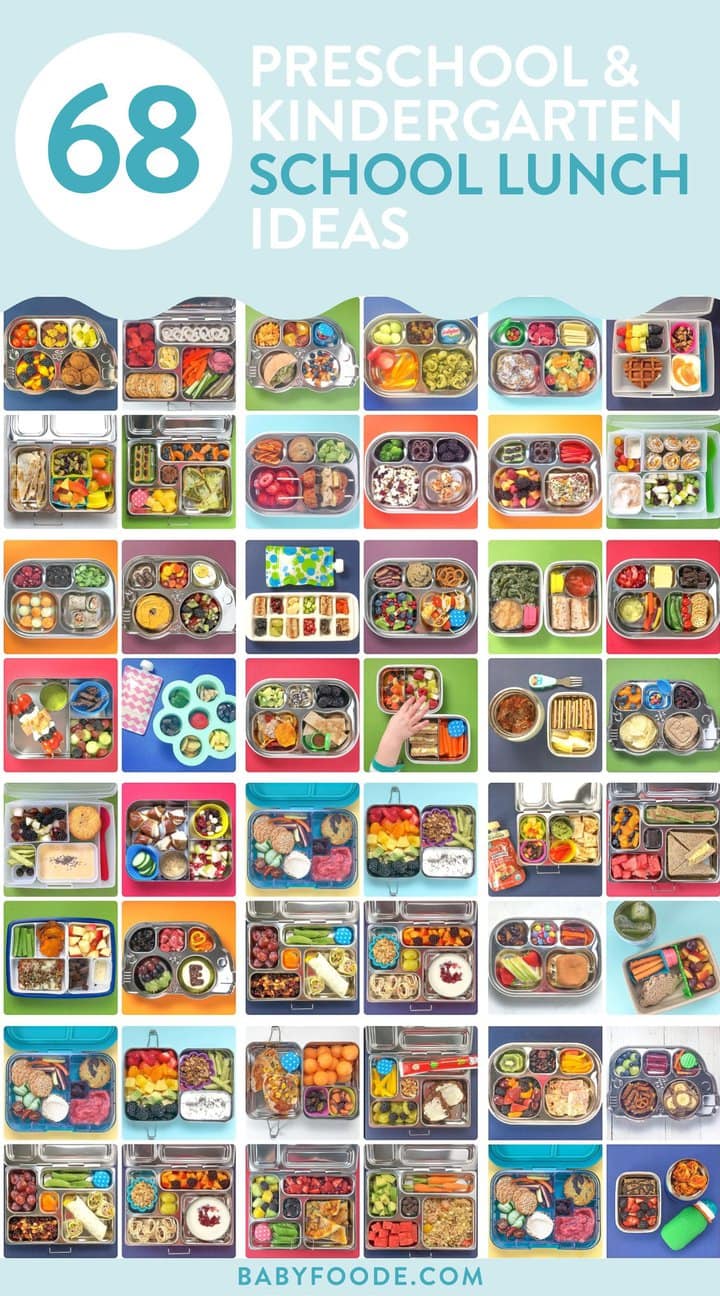 Graphic for post - 68 preschool and kindergarten school lunch ideas. Images are in a grid with colorful lunch boxes and food.