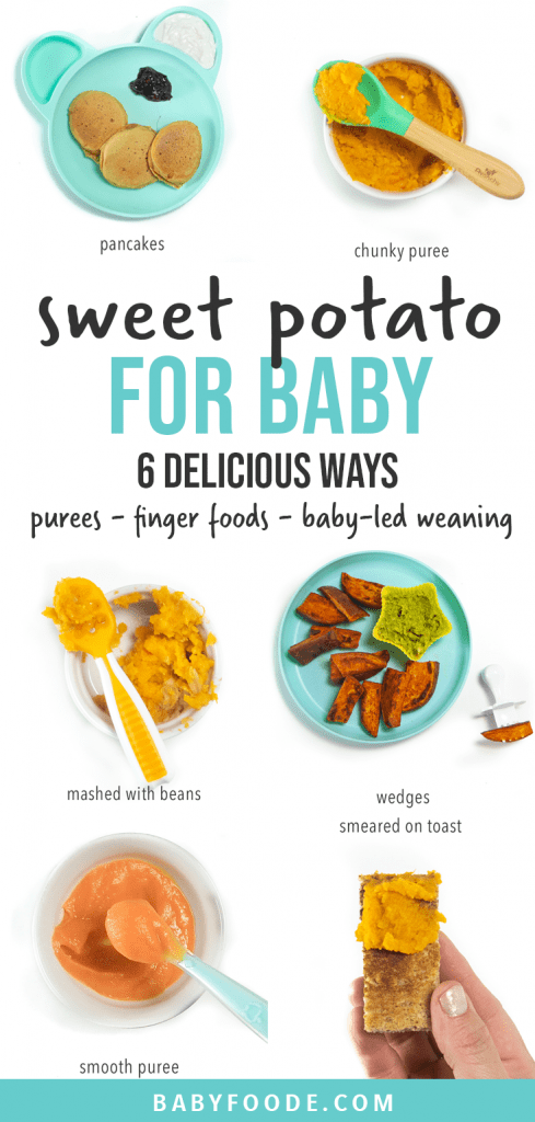 Graphic for Post - sweet potato for baby - puree, finger foods, baby-led weaning. Images show a spread of different ways to serve sweet potatoes to baby.