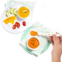 pictures of a veggie loaded hummus for both baby and toddler.