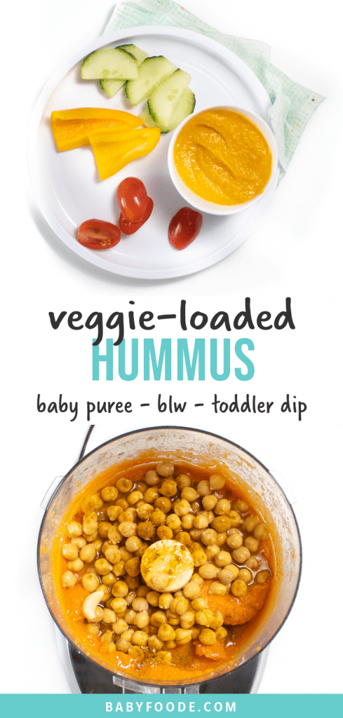 Graphic for post - veggie loaded hummus - baby puree - blw - toddler dip. Images of how to serve this recipe to baby or toddler.