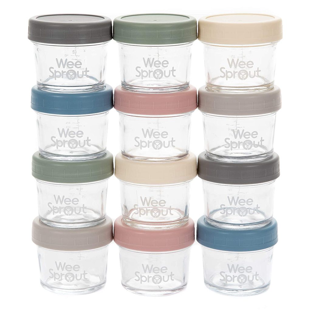 stack of glass jars with colorful lids for baby food.