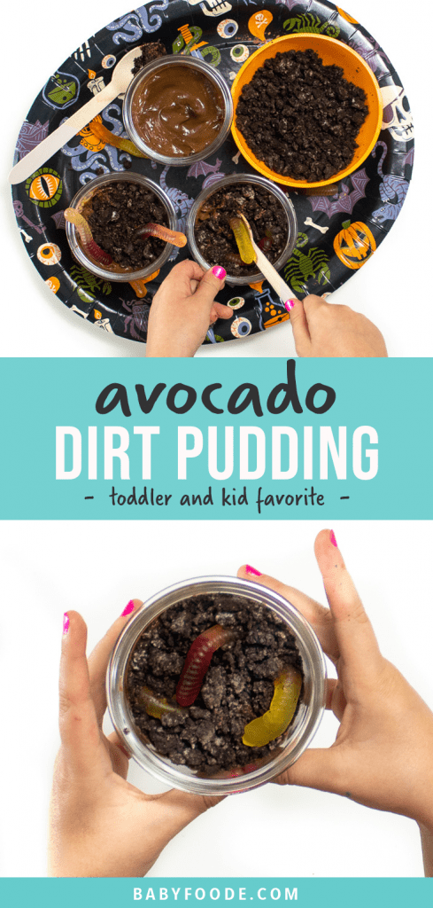 Graphic for Post - avocado Dirt Pudding - healthy - toddler and kid favorite - easy. Hands reaching into a spooky halloween tray putting worms into a dirt cup for dessert.