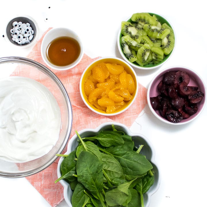 Ingredients for monster yogurt bark - fresh fruit and veggies.