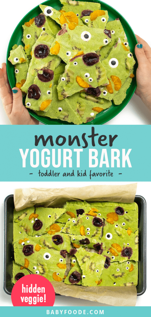 Graphic for post - monster yogurt bark - toddler and kid favorite. Images are of a kids holding a plate full of healthy yogurt bark for a fun halloween snack or treat.