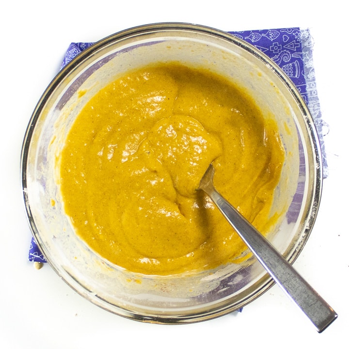 Bowl of pumpkin ingredients ready to cook.