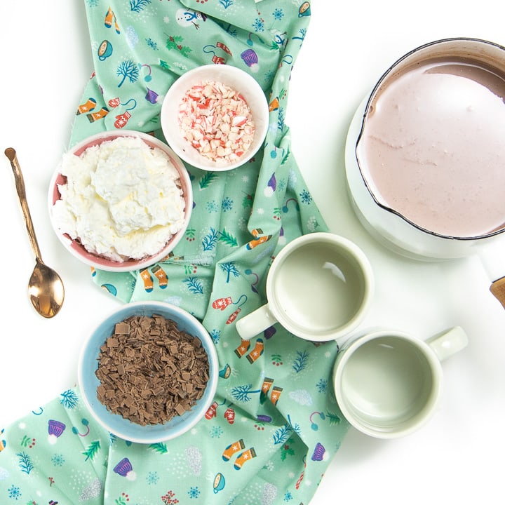 Warm hot chocolate ready to pour and add toppings.
