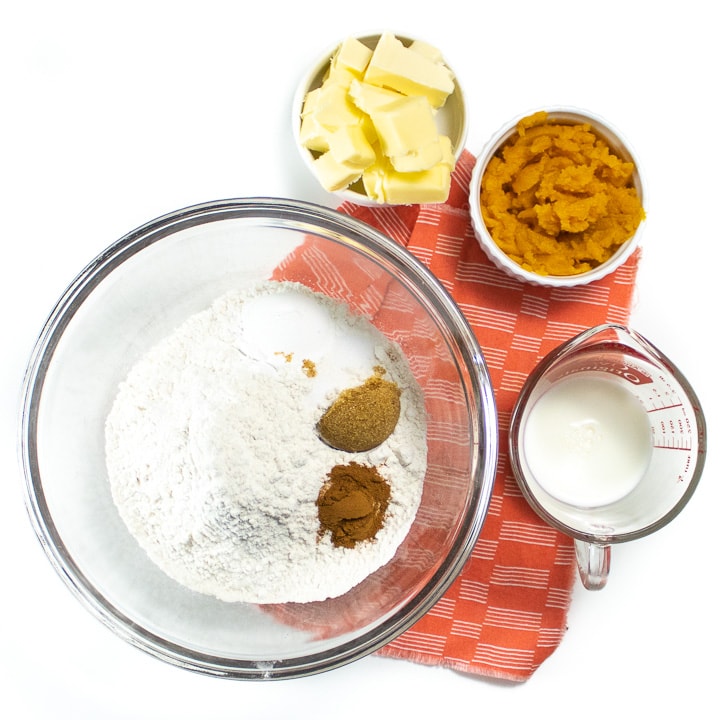 Ingredients needed for these kid friendly pumpkin biscuits.