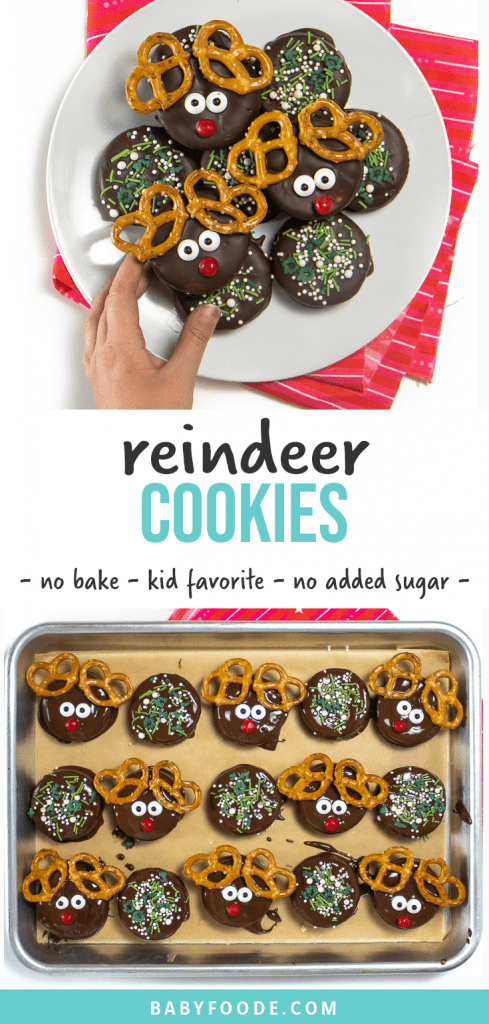 Graphic for post- reindeer cookies - no bake - kid favorite - no added sugar. Images is of a small kids hand reaching for a cookie.