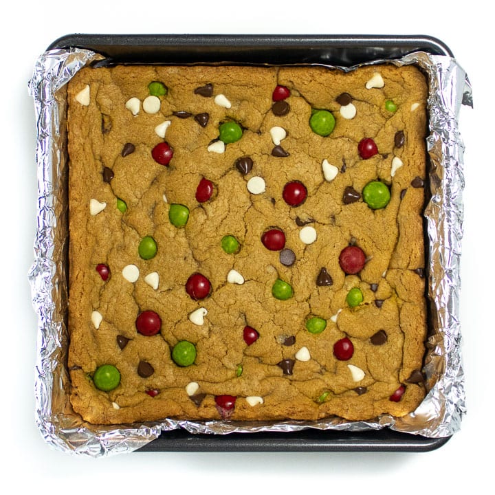 Pan with cooked cookie bars.