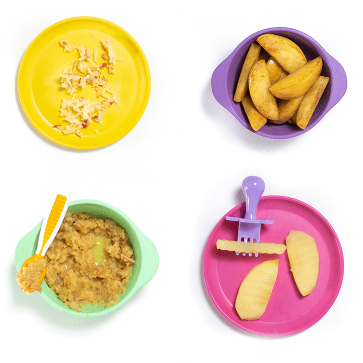 four colorful baby dishes full of different ways to feed apples to baby for baby-led weaning. All on a white kitchen counter.