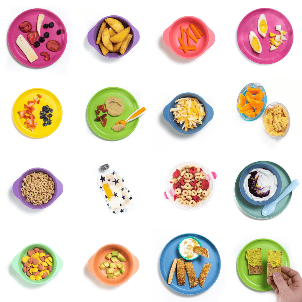 A grid of images of colorful baby plates and bowls on a white counter. The images are in a grid and show different homemade and store-bought snacks for baby.