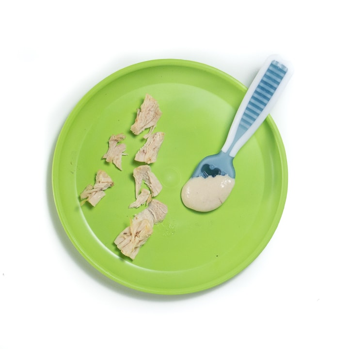 Green Plate with chunks of chicken and puree.