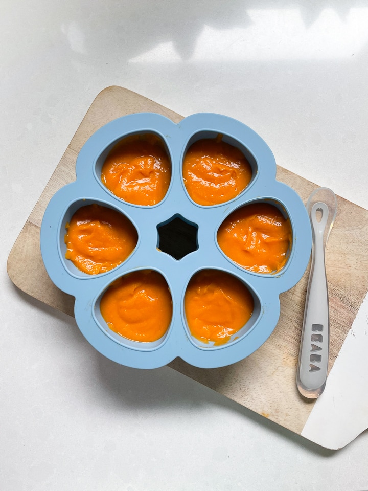 Beaba multiportions filled with sweet potato puree.