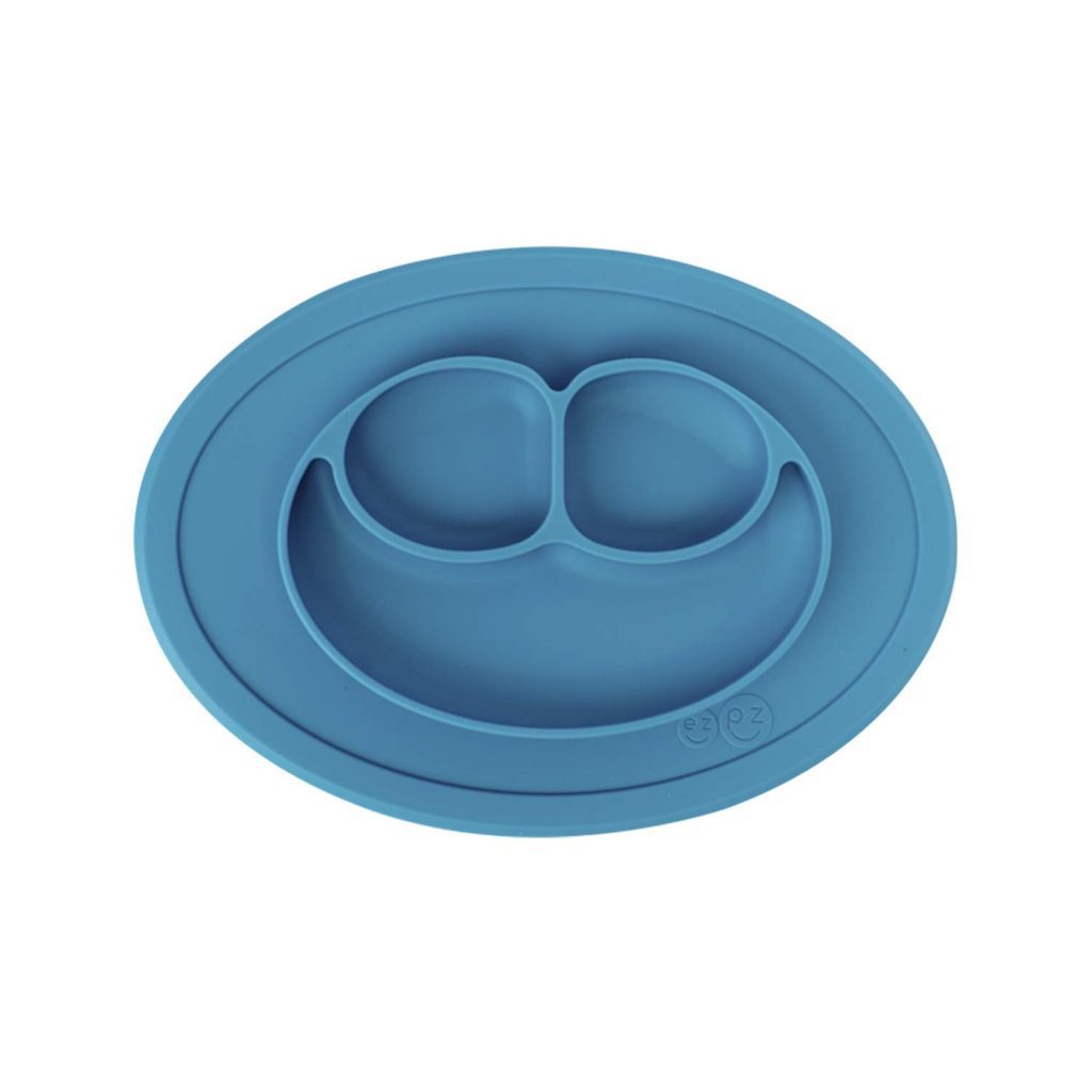 blue suction plate with 3 different areas for food.