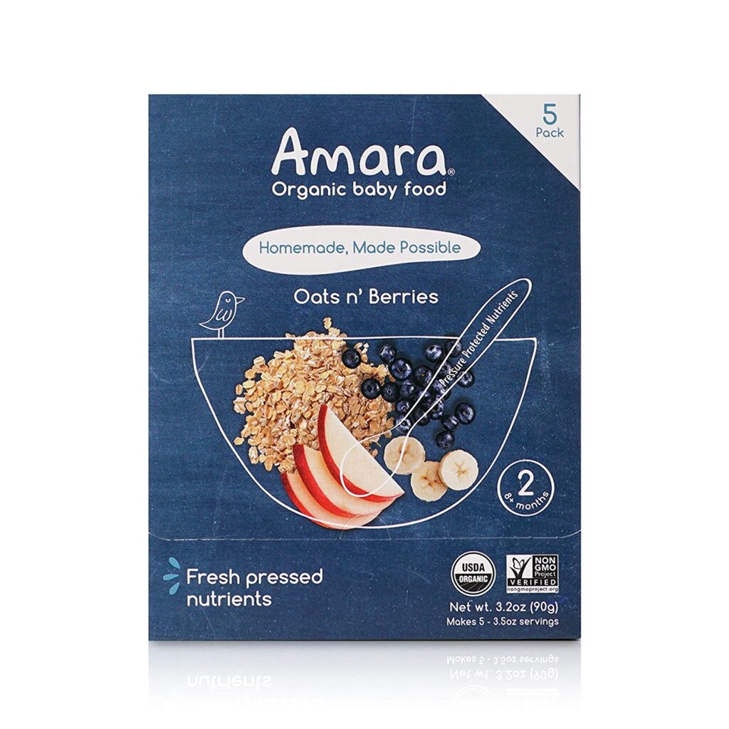 Blue box of baby cereal with oats and berries.
