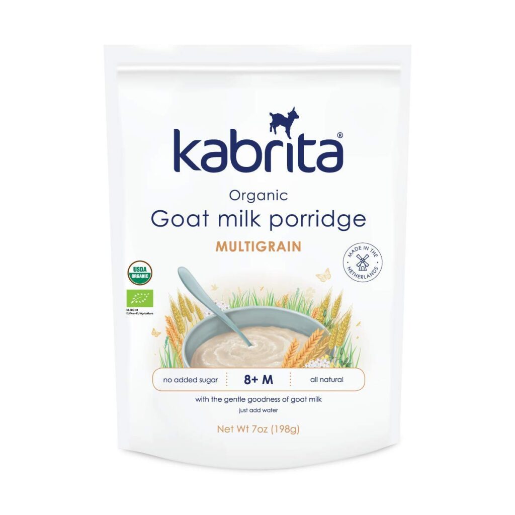 picture of a white baby cereal bag with goats milk.