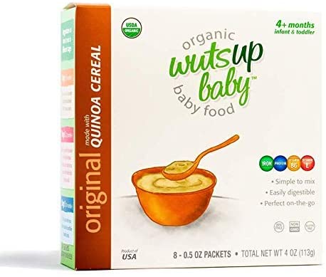 Tan box with green writing of quinoa baby cereal.