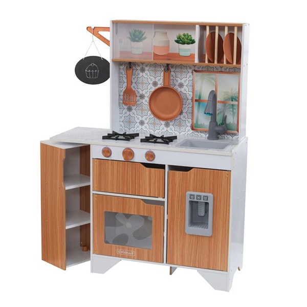 Wood and white wooden play kitchen for kids.