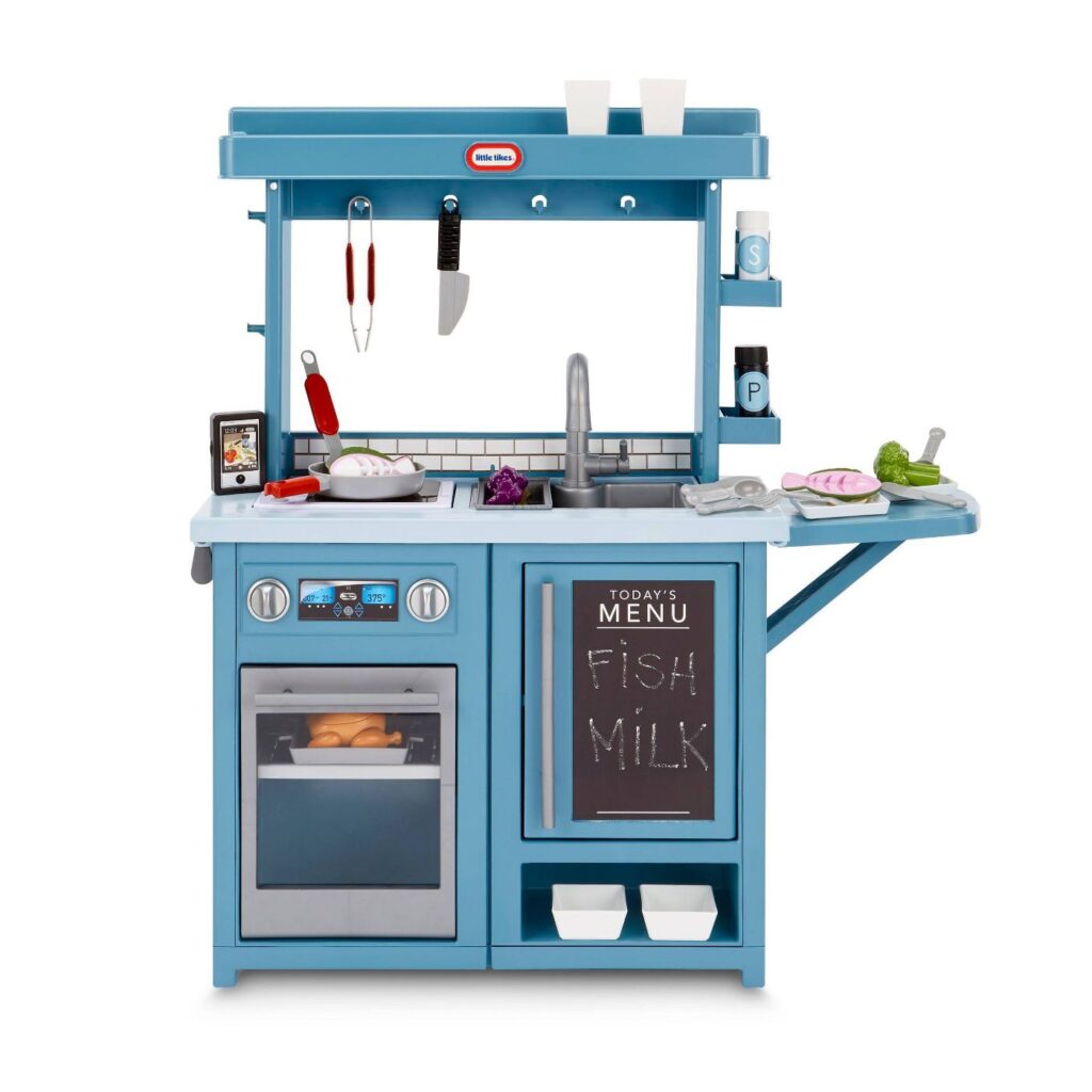 Blue Play kitchen with chalk board, sink and accessories.