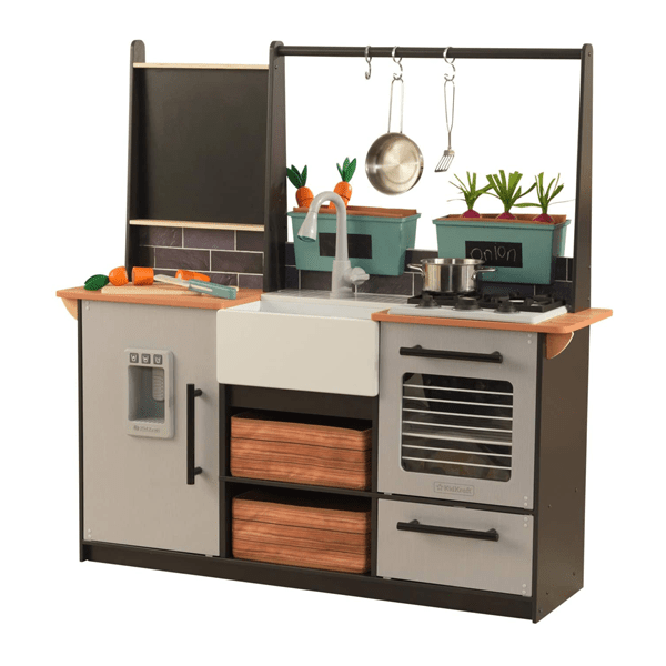 brown and wood play kitchen for kids with planter boxes for herbs.