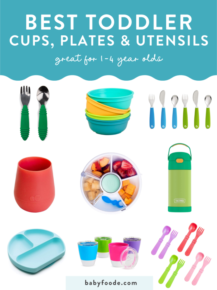 Graphic for post- best toddler cups, plates and utensils - great for 1-4 year olds. Grid of colorful images with cups, utensils and plates for child.