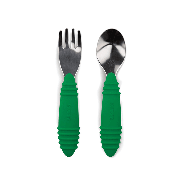 set of metal with green bumpy handle fork and spoon for toddlers.