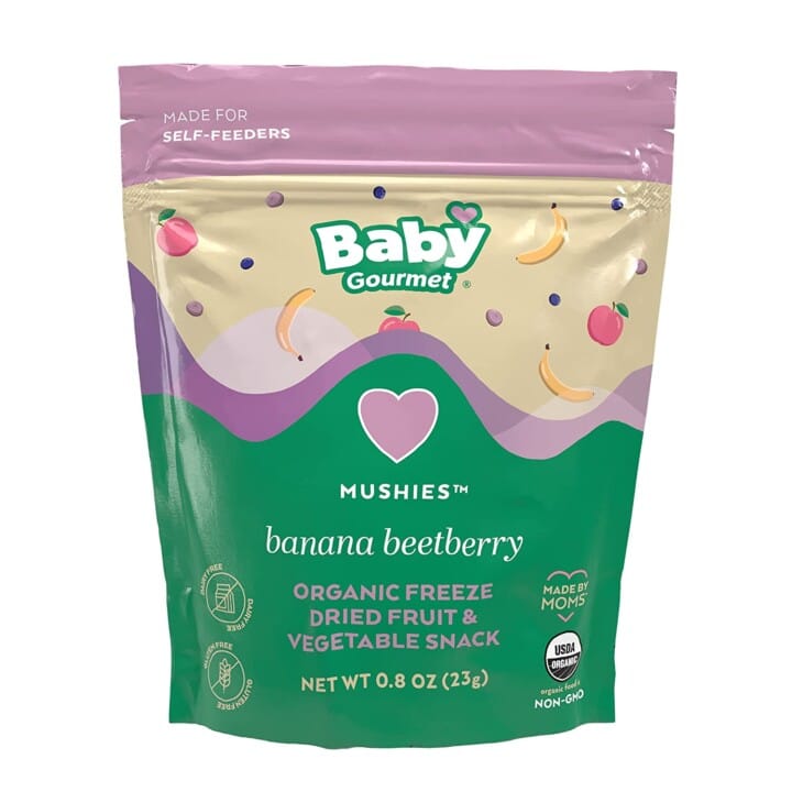 Purple and green package with banana beetroot melts inside,