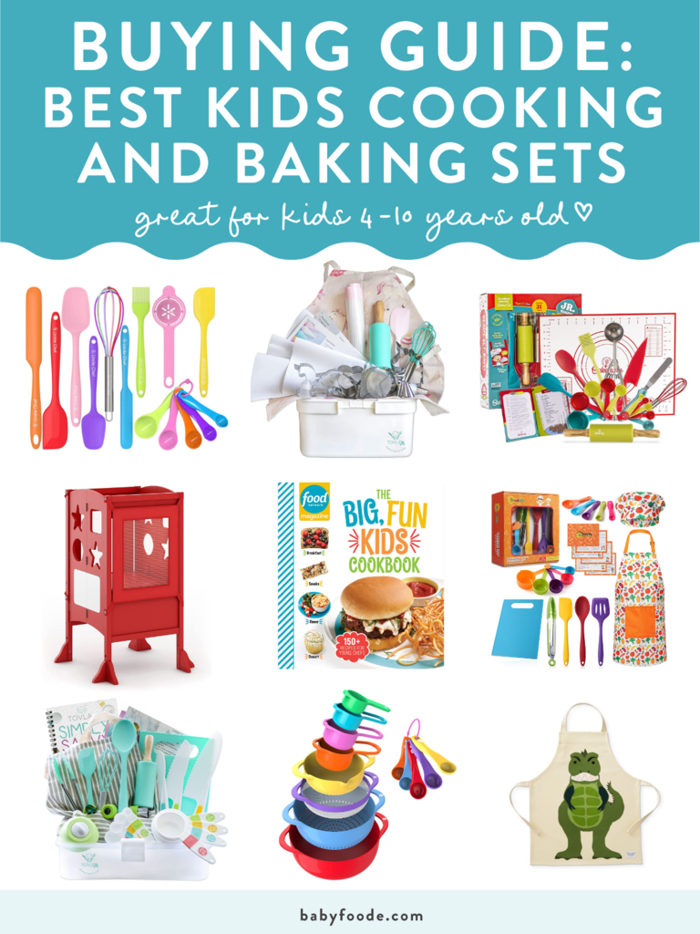 Graphic for Post - Buying Guide: Best Kids Cooking and Baking Sets, great for kids 4-10 years old. Images are in a grid of colorful sets for the kitchen.