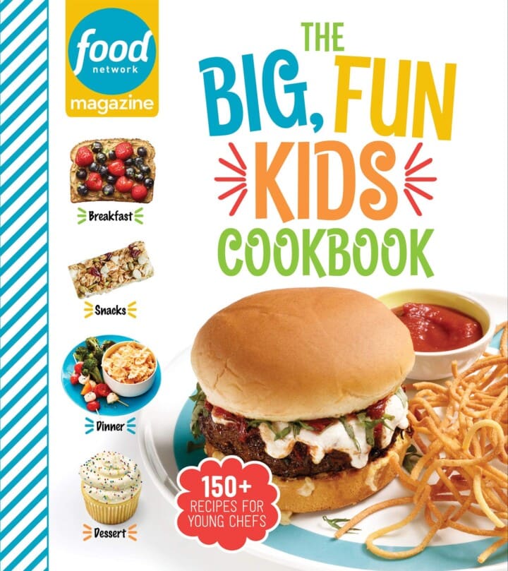 colorful cover of cookbook for kids with a handburger on the cover.