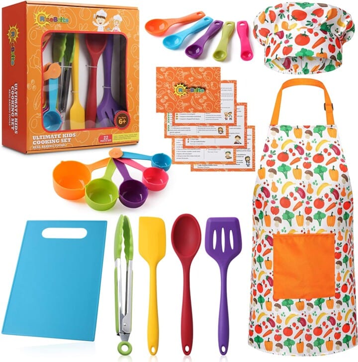 colorful baking set with apron and hat.