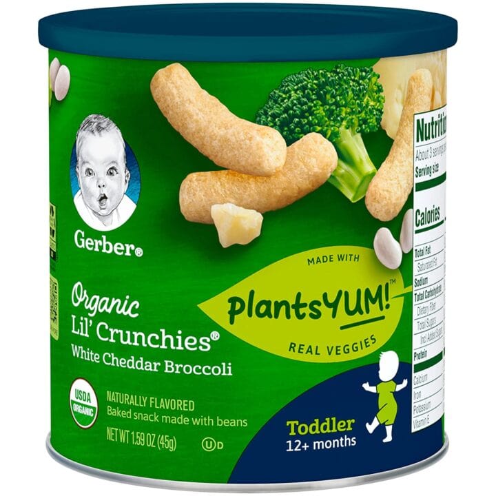 green tin of plant based gerber snacks for toddler