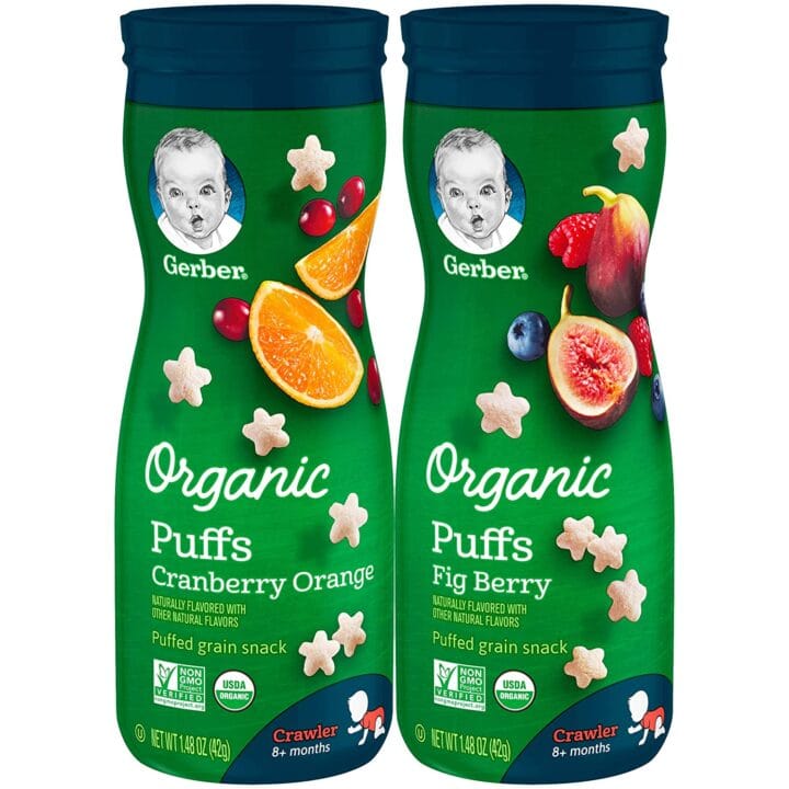 green canisters of gerber puffs in start shapes.