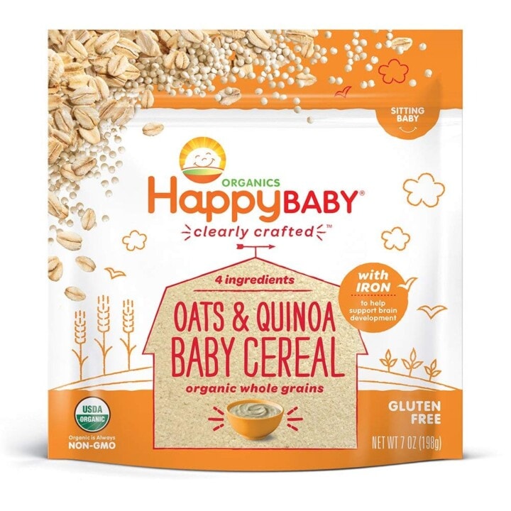 Orange and white bag of cereal for baby.