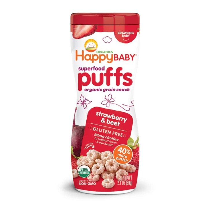 happy family red strawberry and beet puffs in a plastic tube.