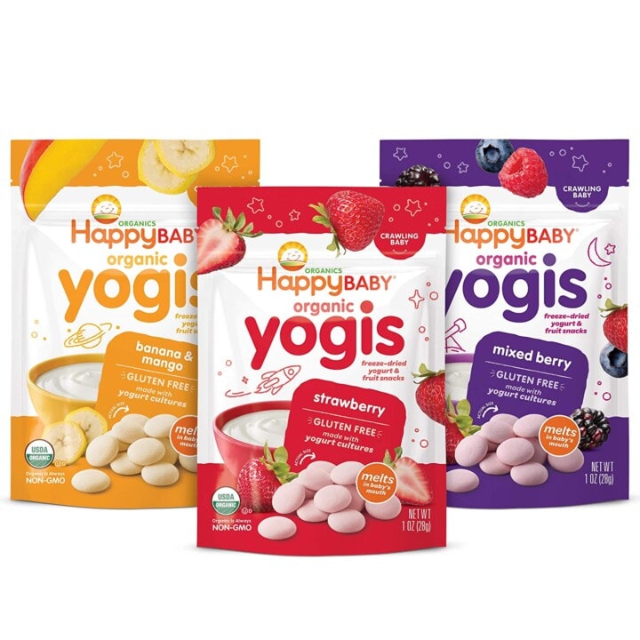 3 brighly colored yellow, red or purple package of yogurt melts