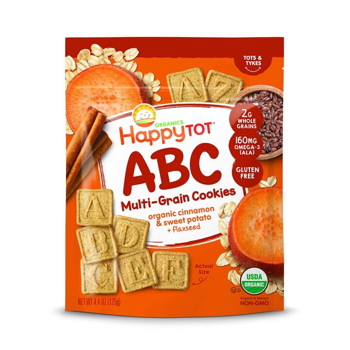 red and orange bag filled with ABC crackers for toddlers.