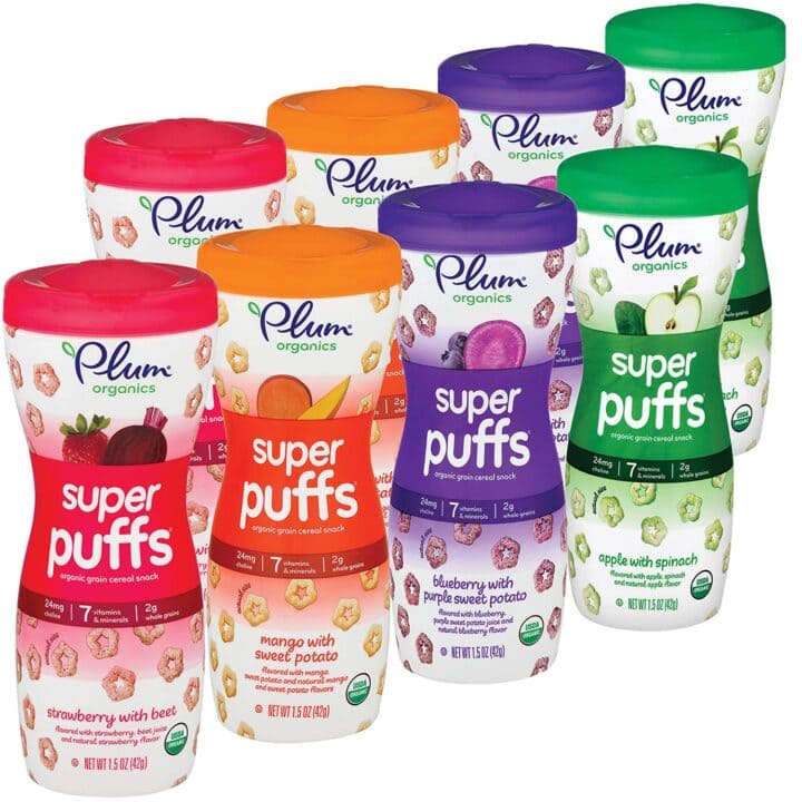 8 tubs of super puffs with bright green, orange, purple and red lids with different flavors of puffs.