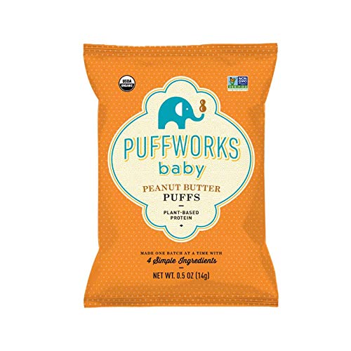 orange bag with green and blue writing for a peanut puff for baby