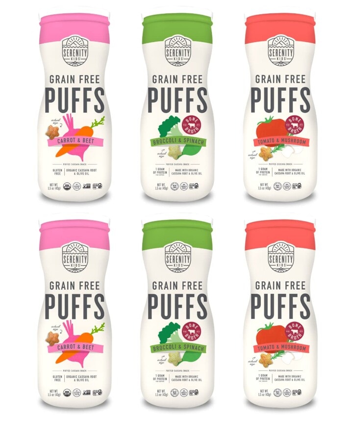 grid of 6 bottles of grain free puffs for baby and toddlers with bright pink, green and red colors.